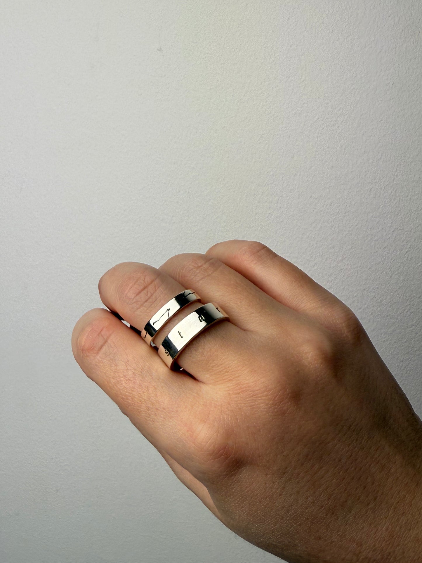 ‘In my lane ‘ handwritten script onto silver band ring