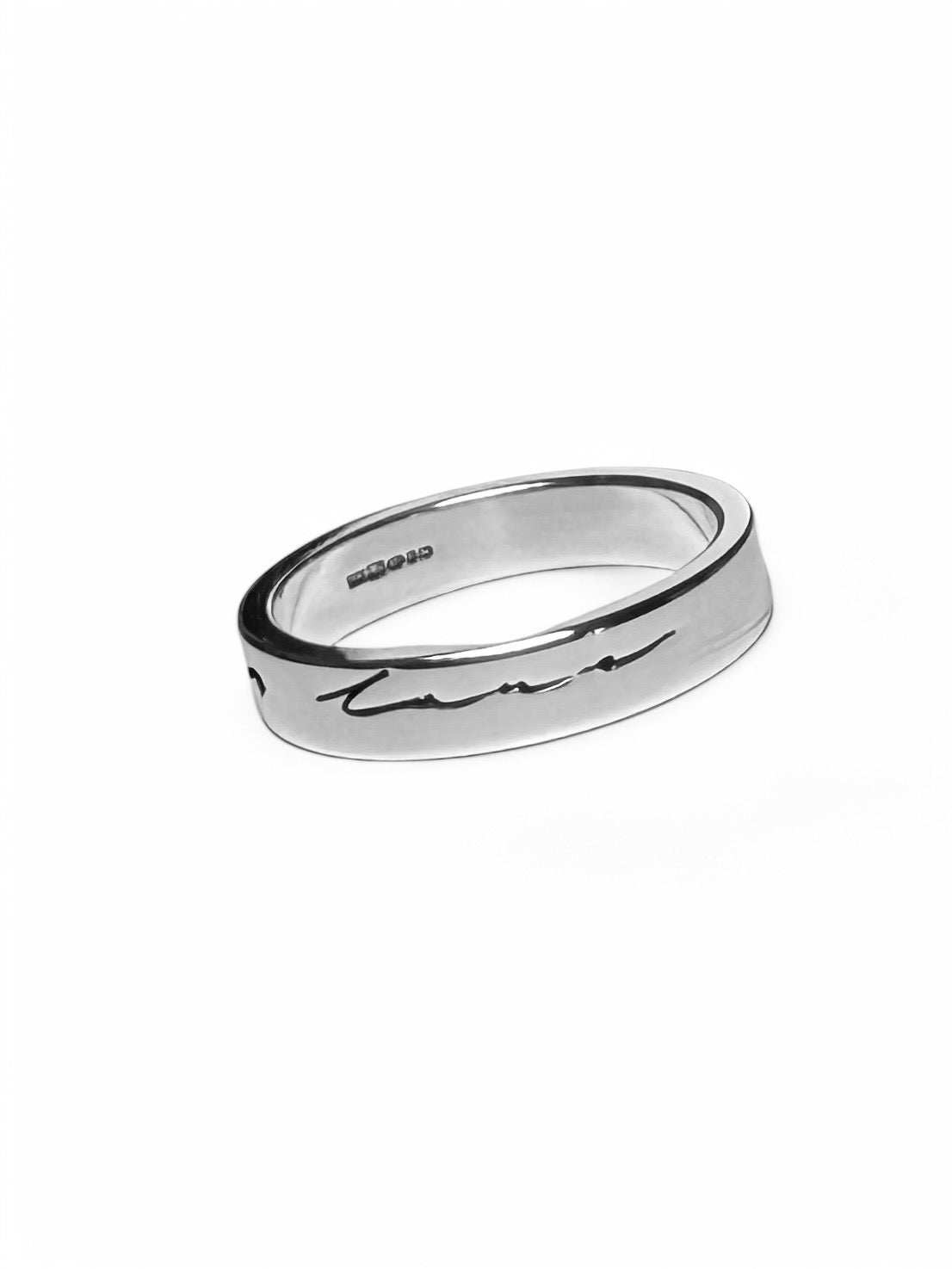 ‘In my lane ‘ handwritten script onto silver band ring