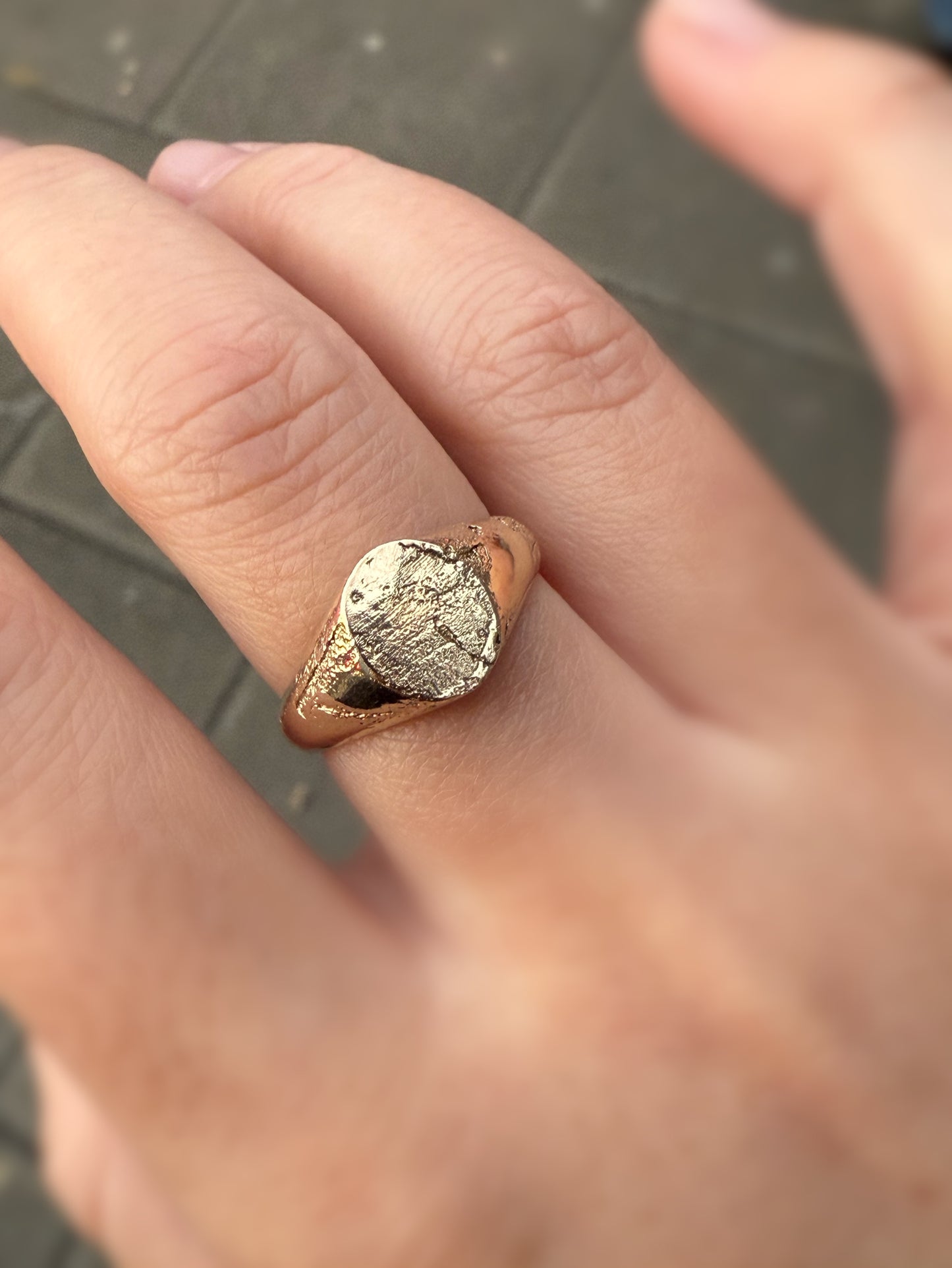 ‘Concrete’ textured signet ring in 9ct yellow gold